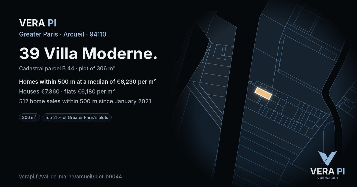 39 Villa Moderne, Arcueil at night – the plot lit, the parcels around coloured by the prices near them