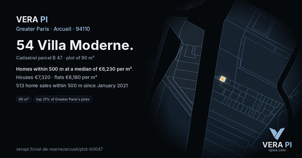 54 Villa Moderne, Arcueil at night – the plot lit, the parcels around coloured by the prices near them