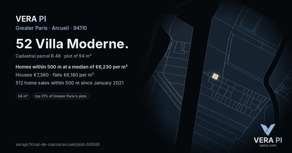 52 Villa Moderne, Arcueil at night – the plot lit, the parcels around coloured by the prices near them