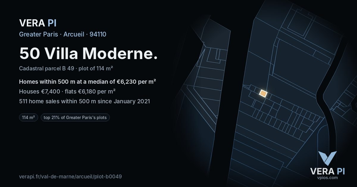 50 Villa Moderne, Arcueil at night – the plot lit, the parcels around coloured by the prices near them
