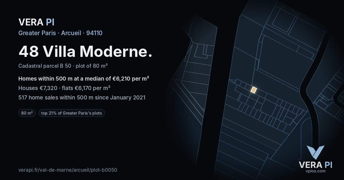 48 Villa Moderne, Arcueil at night – the plot lit, the parcels around coloured by the prices near them
