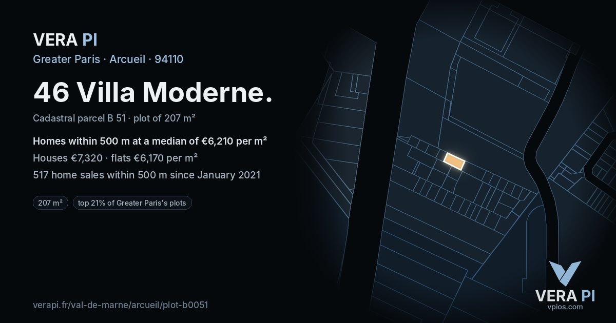 46 Villa Moderne, Arcueil at night – the plot lit, the parcels around coloured by the prices near them
