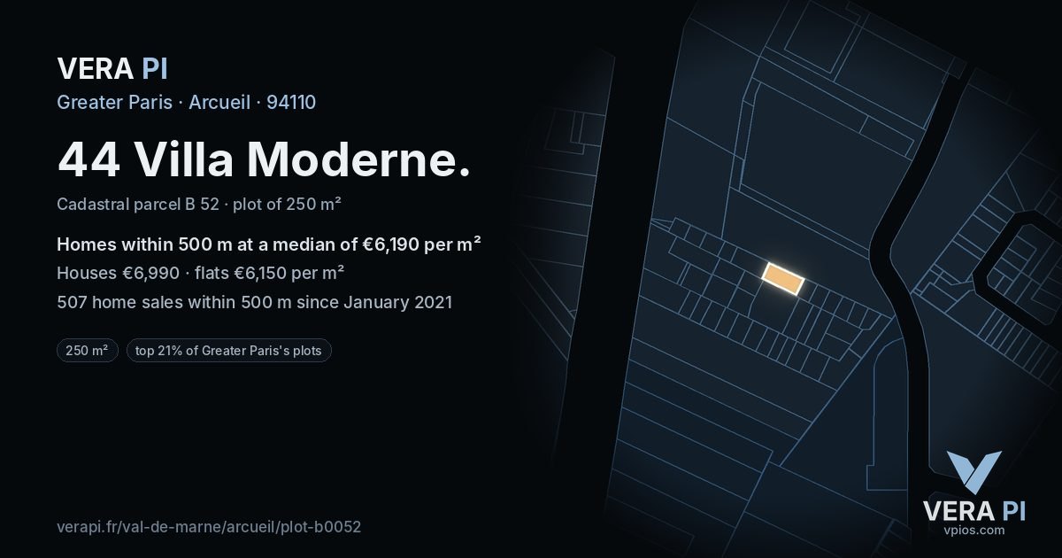 44 Villa Moderne, Arcueil at night – the plot lit, the parcels around coloured by the prices near them