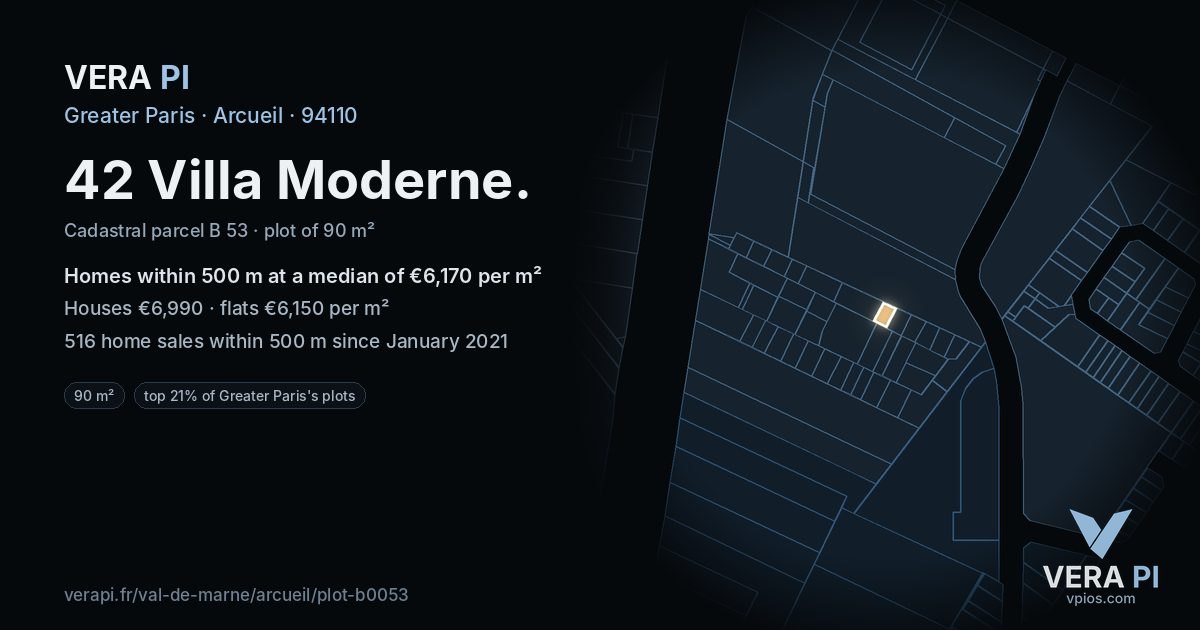 42 Villa Moderne, Arcueil at night – the plot lit, the parcels around coloured by the prices near them