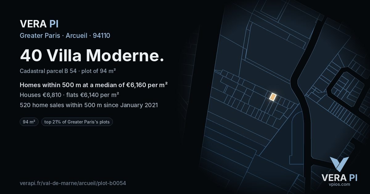 40 Villa Moderne, Arcueil at night – the plot lit, the parcels around coloured by the prices near them