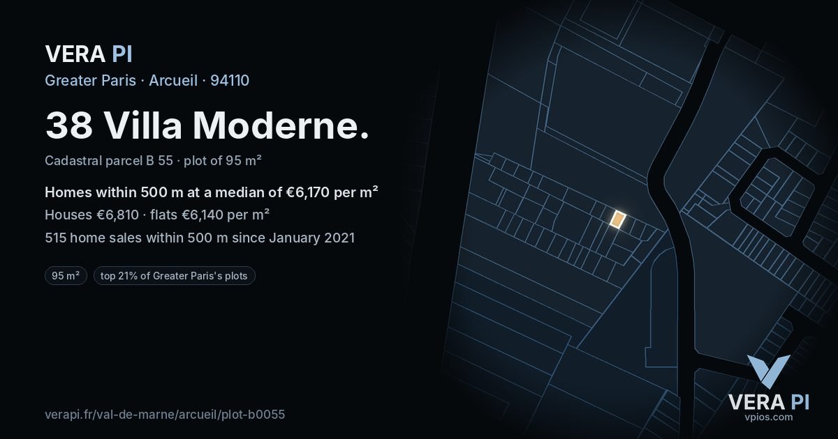 38 Villa Moderne, Arcueil at night – the plot lit, the parcels around coloured by the prices near them