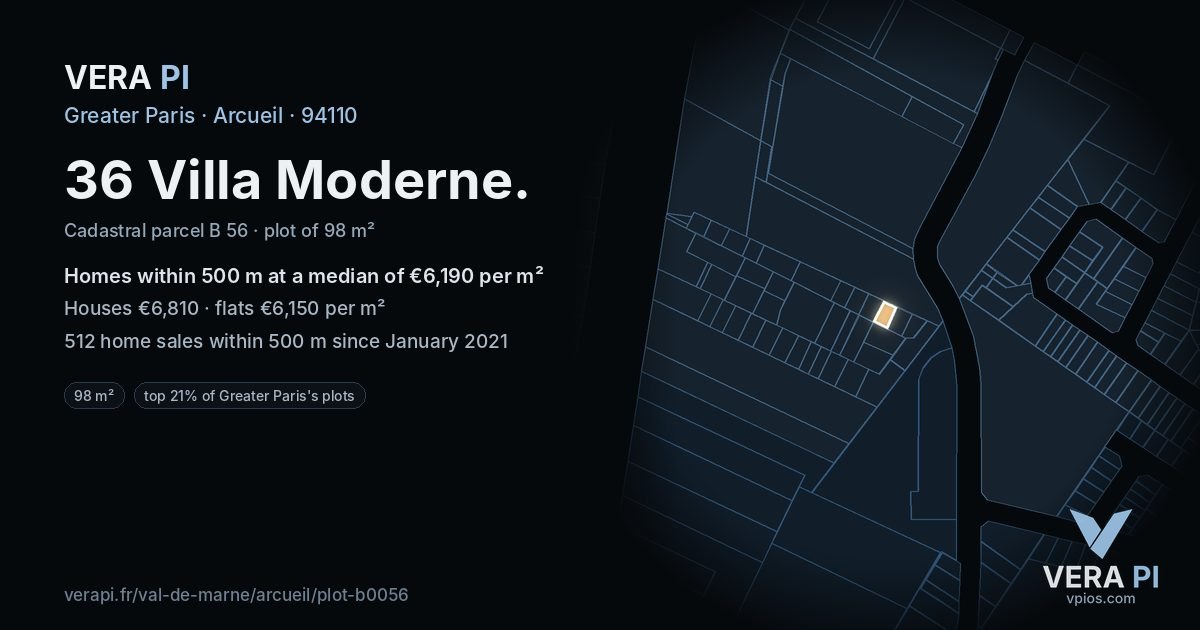 36 Villa Moderne, Arcueil at night – the plot lit, the parcels around coloured by the prices near them