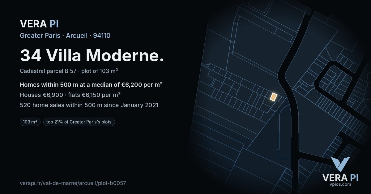 34 Villa Moderne, Arcueil at night – the plot lit, the parcels around coloured by the prices near them