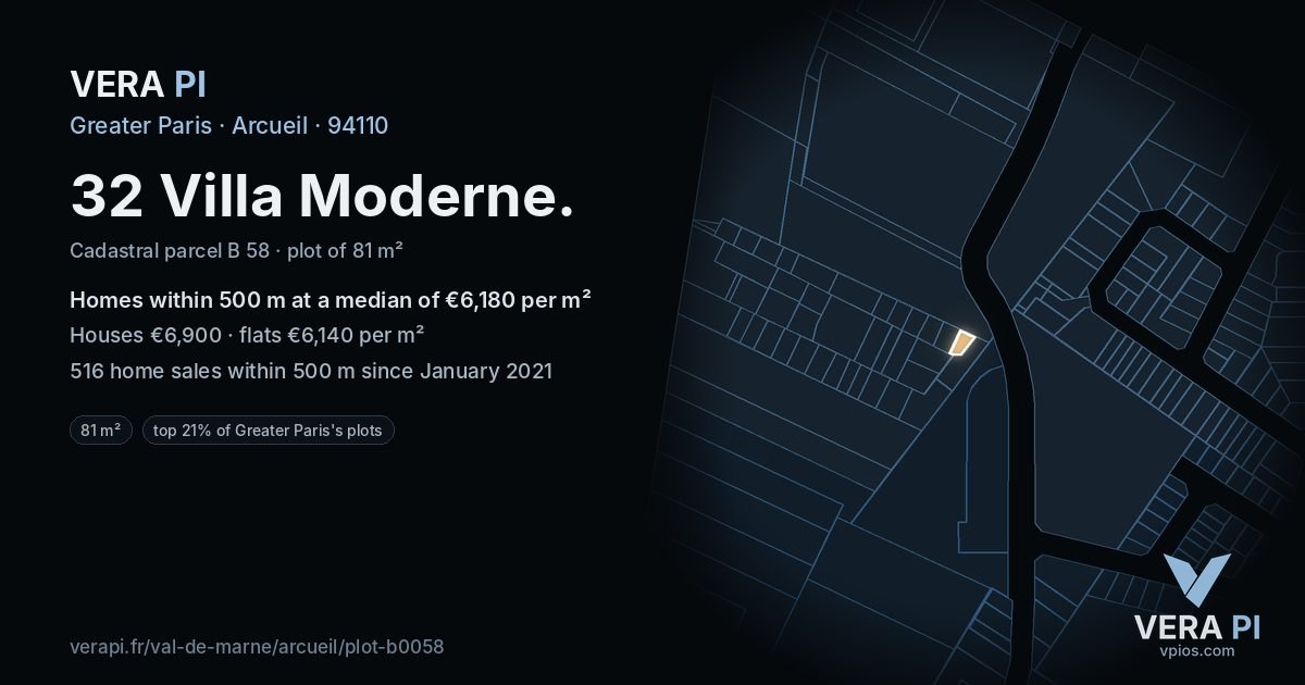 32 Villa Moderne, Arcueil at night – the plot lit, the parcels around coloured by the prices near them