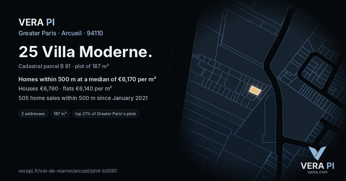 25 Villa Moderne, Arcueil at night – the plot lit, the parcels around coloured by the prices near them