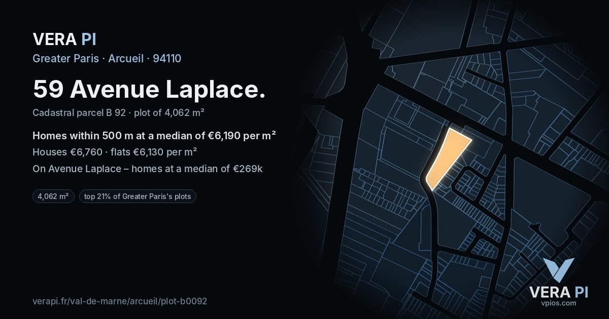 59 Avenue Laplace, Arcueil at night – the plot lit, the parcels around coloured by the prices near them