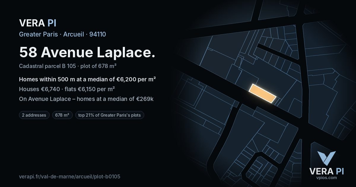 58 Avenue Laplace, Arcueil at night – the plot lit, the parcels around coloured by the prices near them