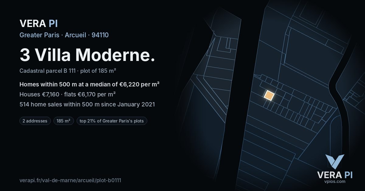 3 Villa Moderne, Arcueil at night – the plot lit, the parcels around coloured by the prices near them