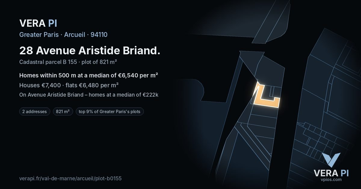 28 Avenue Aristide Briand, Arcueil at night – the plot lit, the parcels around coloured by the prices near them