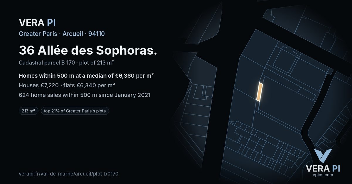 36 Allée des Sophoras, Arcueil at night – the plot lit, the parcels around coloured by the prices near them