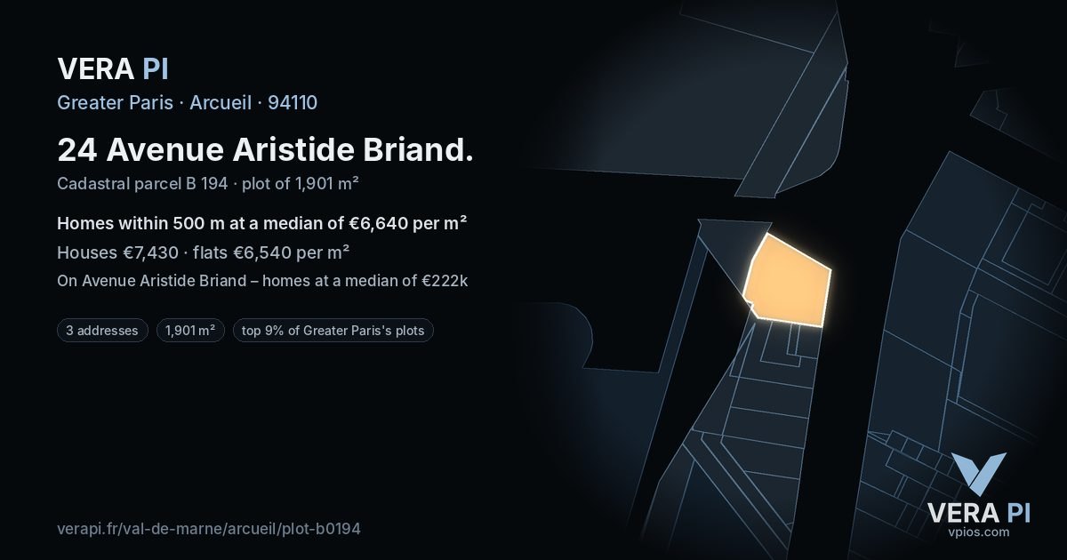 24 Avenue Aristide Briand, Arcueil at night – the plot lit, the parcels around coloured by the prices near them