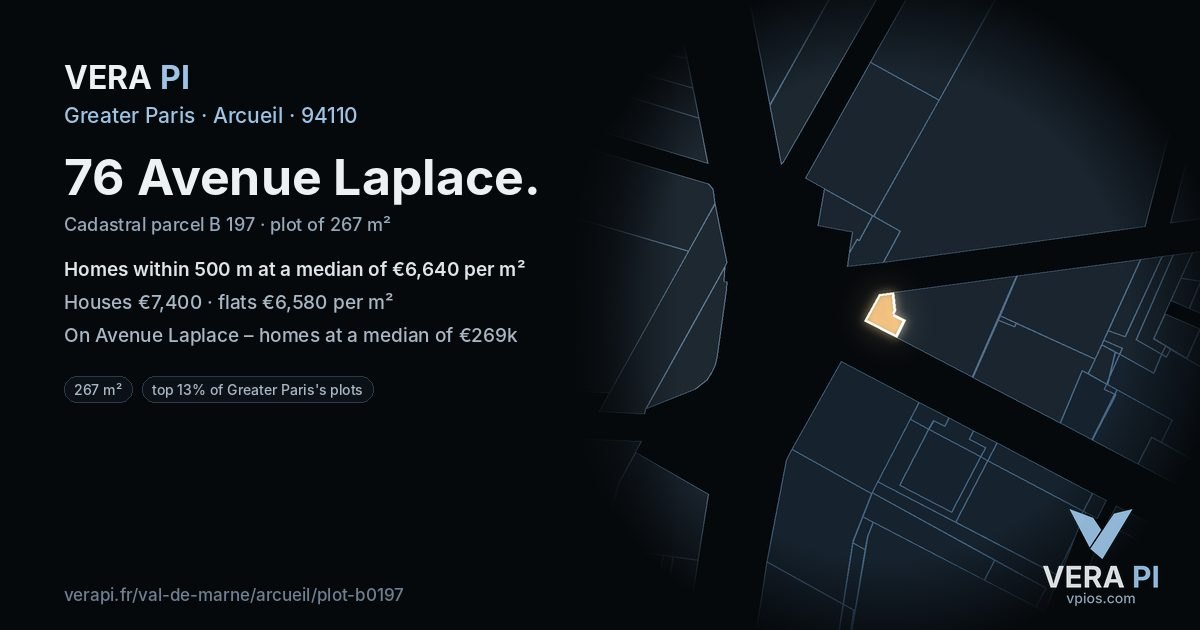 76 Avenue Laplace, Arcueil at night – the plot lit, the parcels around coloured by the prices near them