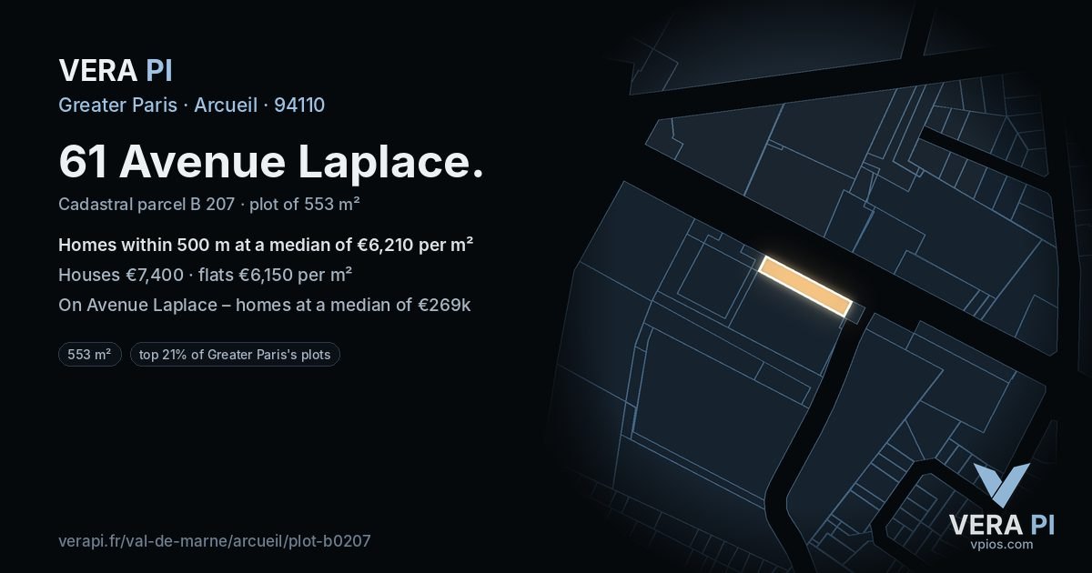 61 Avenue Laplace, Arcueil at night – the plot lit, the parcels around coloured by the prices near them