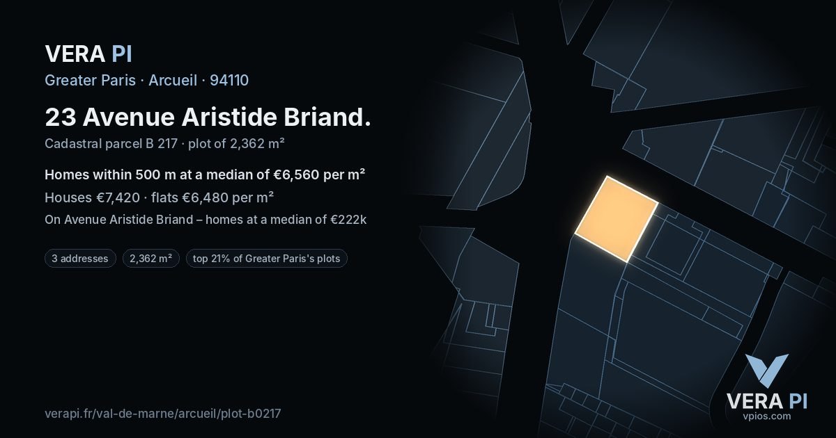 23 Avenue Aristide Briand, Arcueil at night – the plot lit, the parcels around coloured by the prices near them