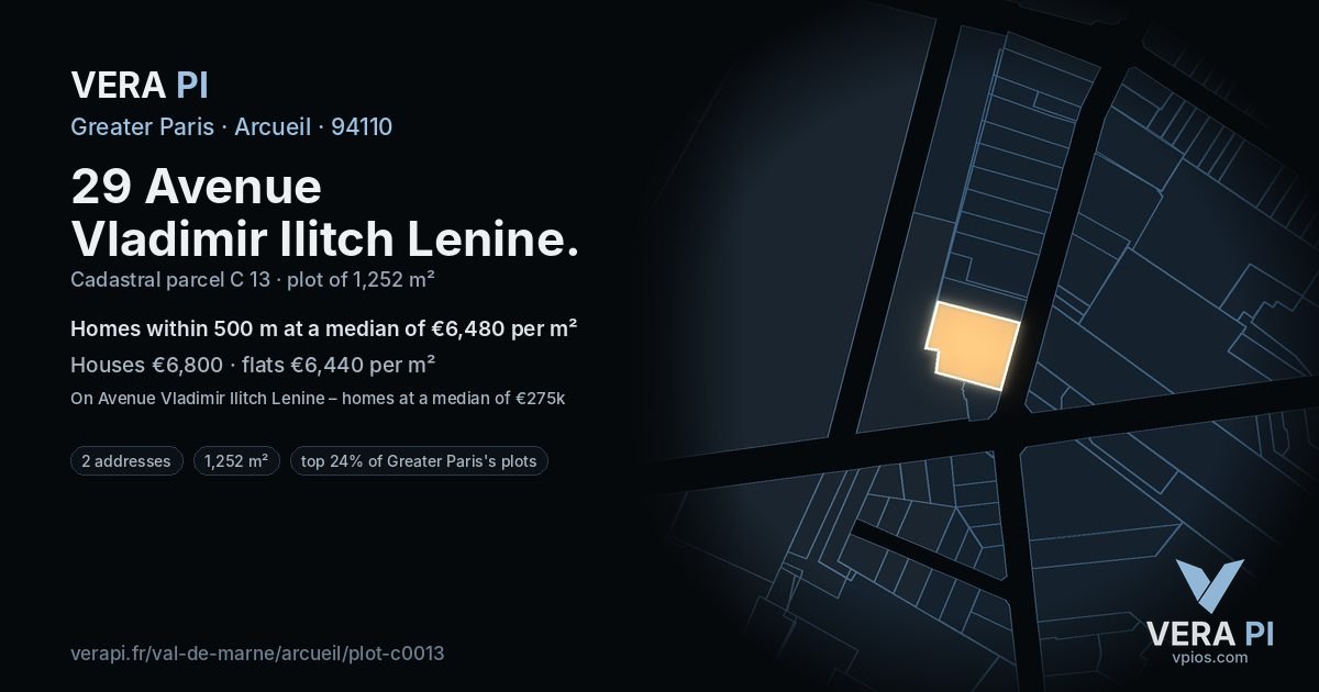 29 Avenue Vladimir Ilitch Lenine, Arcueil at night – the plot lit, the parcels around coloured by the prices near them