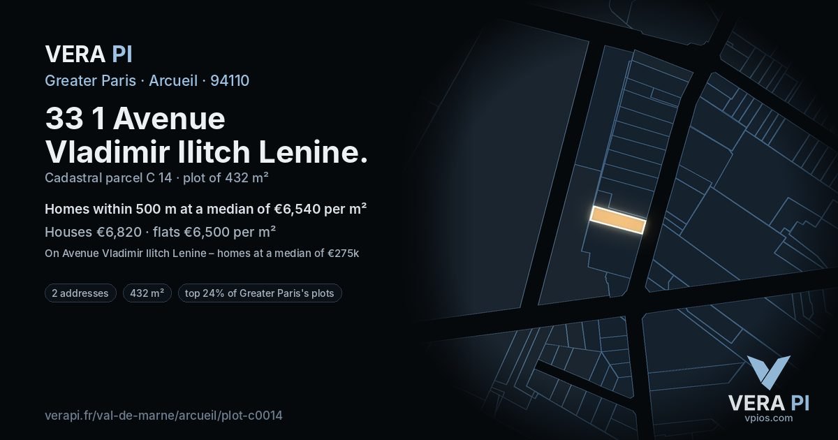 33 1 Avenue Vladimir Ilitch Lenine, Arcueil at night – the plot lit, the parcels around coloured by the prices near them