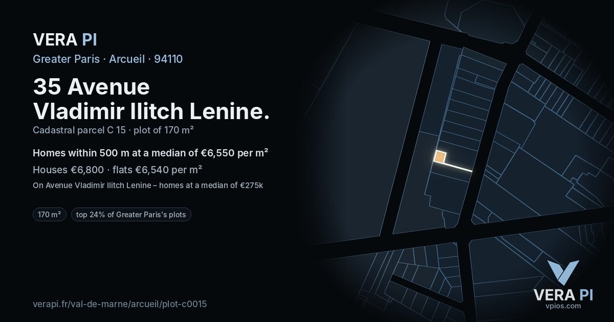 35 Avenue Vladimir Ilitch Lenine, Arcueil at night – the plot lit, the parcels around coloured by the prices near them