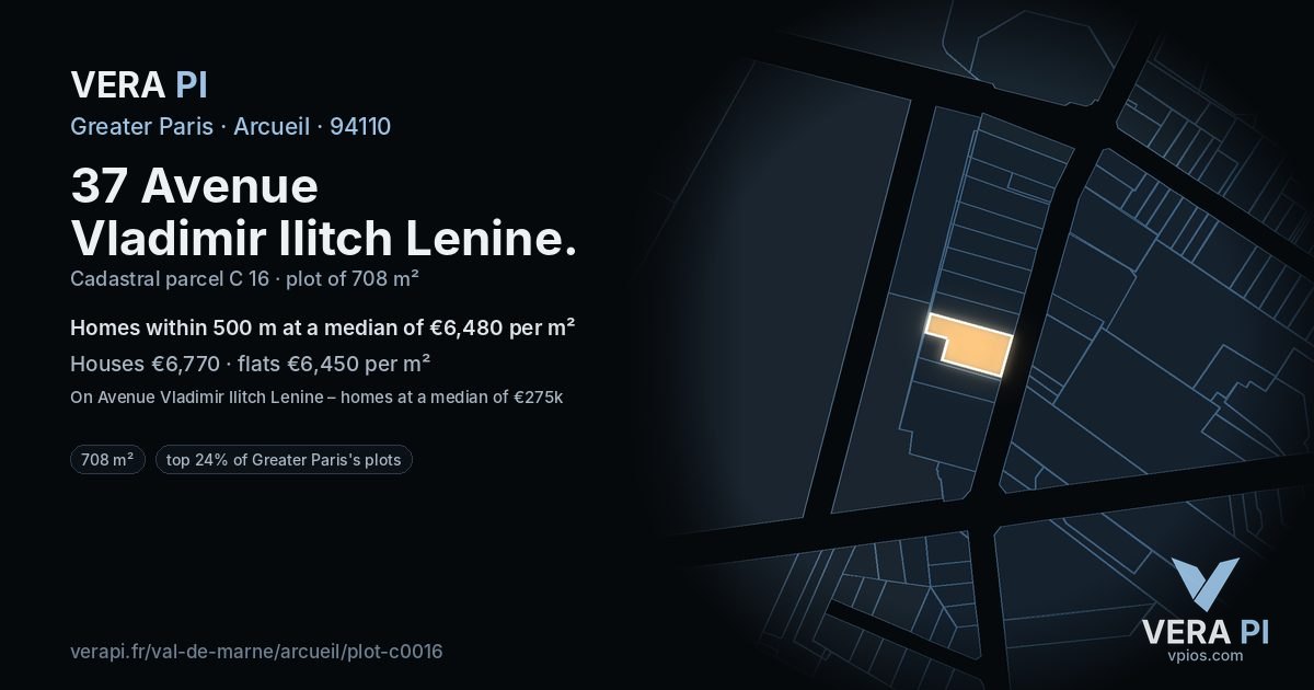37 Avenue Vladimir Ilitch Lenine, Arcueil at night – the plot lit, the parcels around coloured by the prices near them