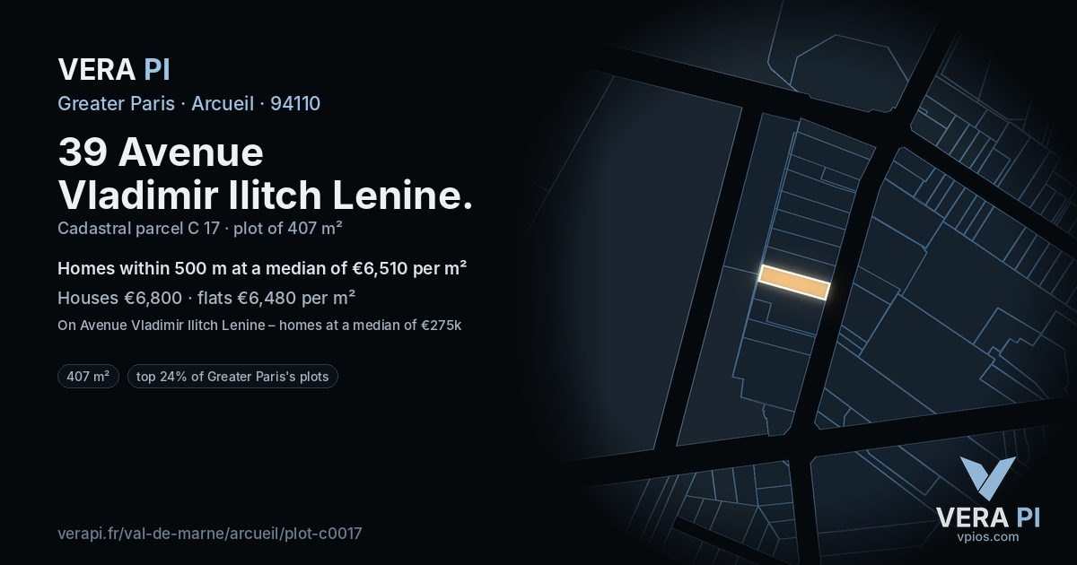 39 Avenue Vladimir Ilitch Lenine, Arcueil at night – the plot lit, the parcels around coloured by the prices near them