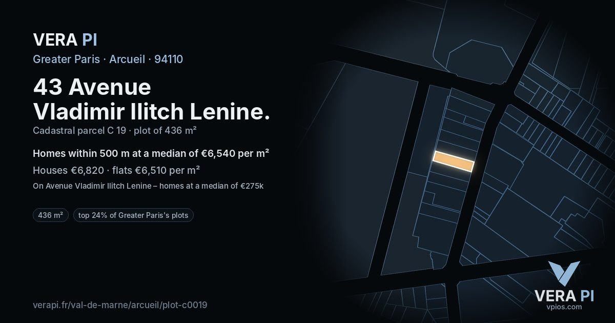 43 Avenue Vladimir Ilitch Lenine, Arcueil at night – the plot lit, the parcels around coloured by the prices near them