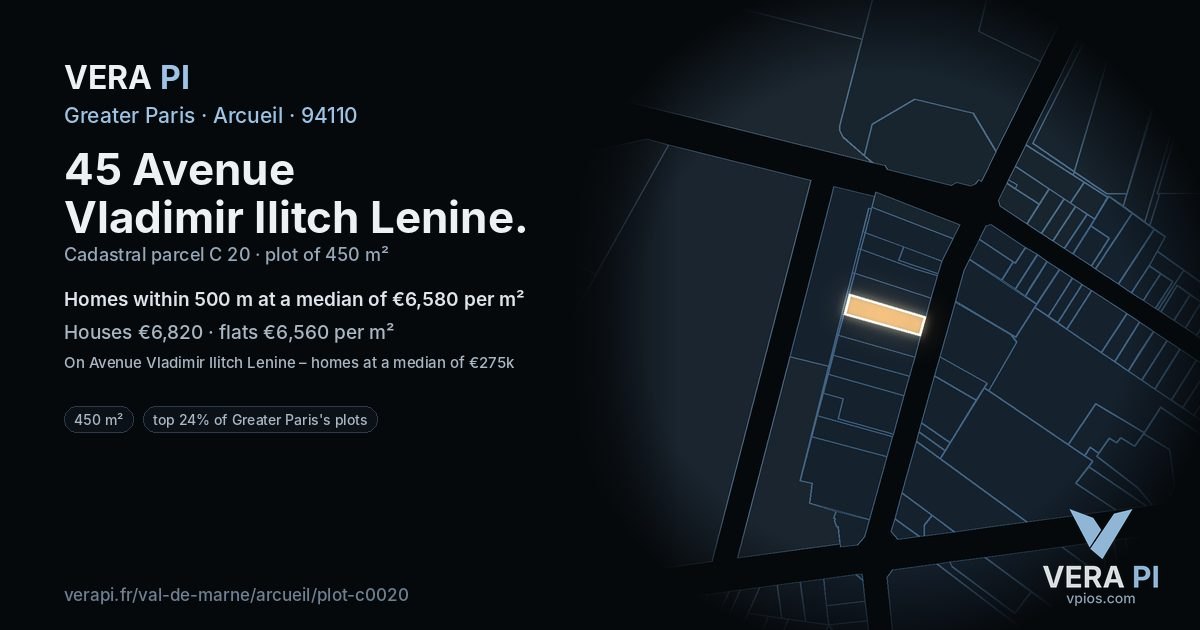 45 Avenue Vladimir Ilitch Lenine, Arcueil at night – the plot lit, the parcels around coloured by the prices near them