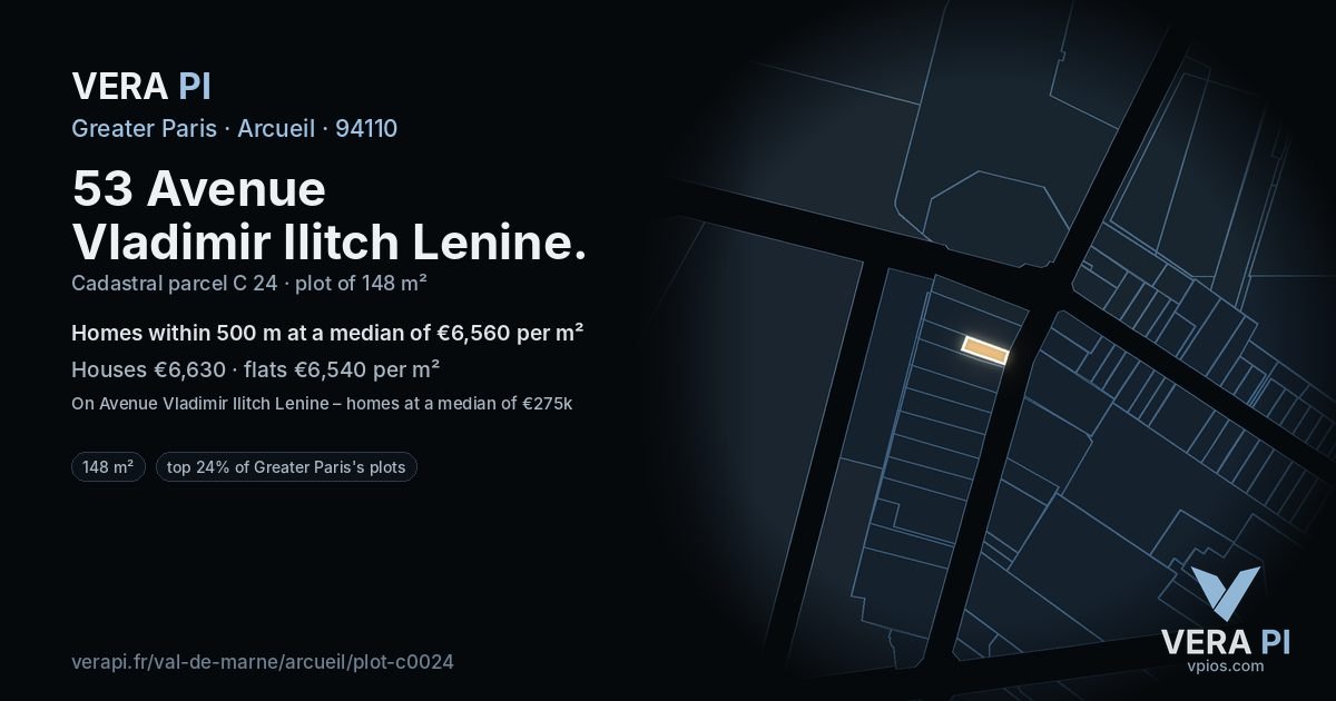 53 Avenue Vladimir Ilitch Lenine, Arcueil at night – the plot lit, the parcels around coloured by the prices near them