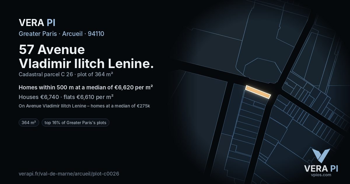 57 Avenue Vladimir Ilitch Lenine, Arcueil at night – the plot lit, the parcels around coloured by the prices near them