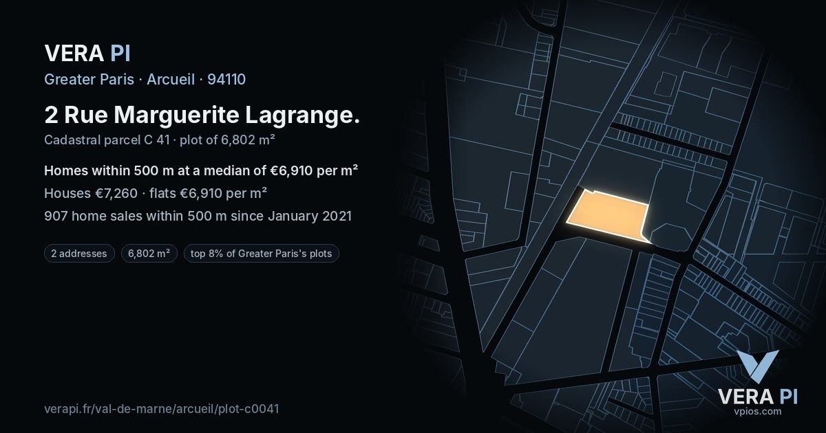 2 Rue Marguerite Lagrange, Arcueil at night – the plot lit, the parcels around coloured by the prices near them