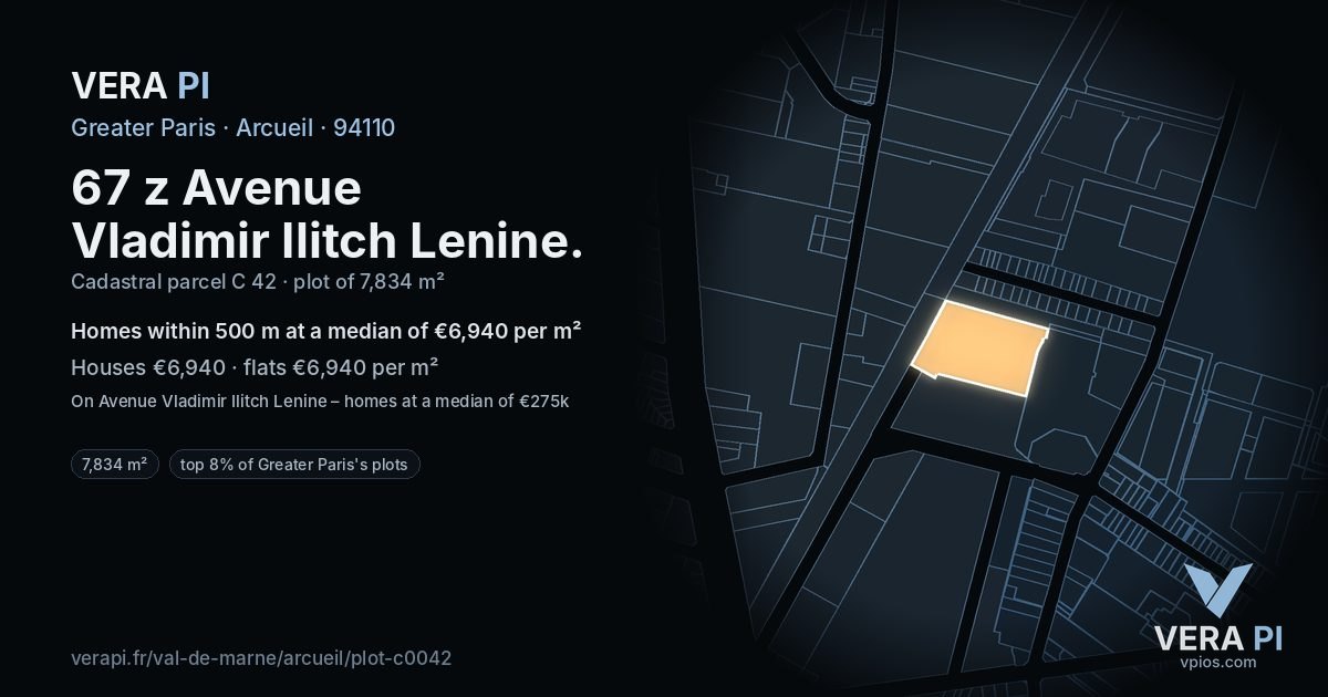 67 z Avenue Vladimir Ilitch Lenine, Arcueil at night – the plot lit, the parcels around coloured by the prices near them