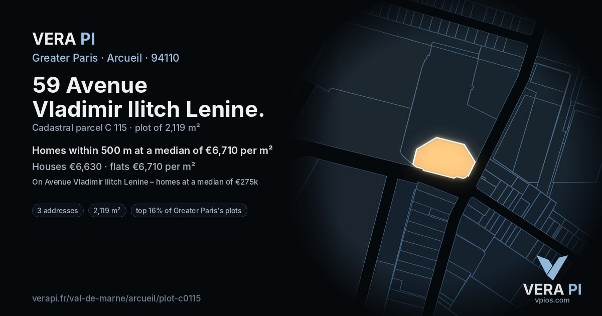 59 Avenue Vladimir Ilitch Lenine, Arcueil at night – the plot lit, the parcels around coloured by the prices near them