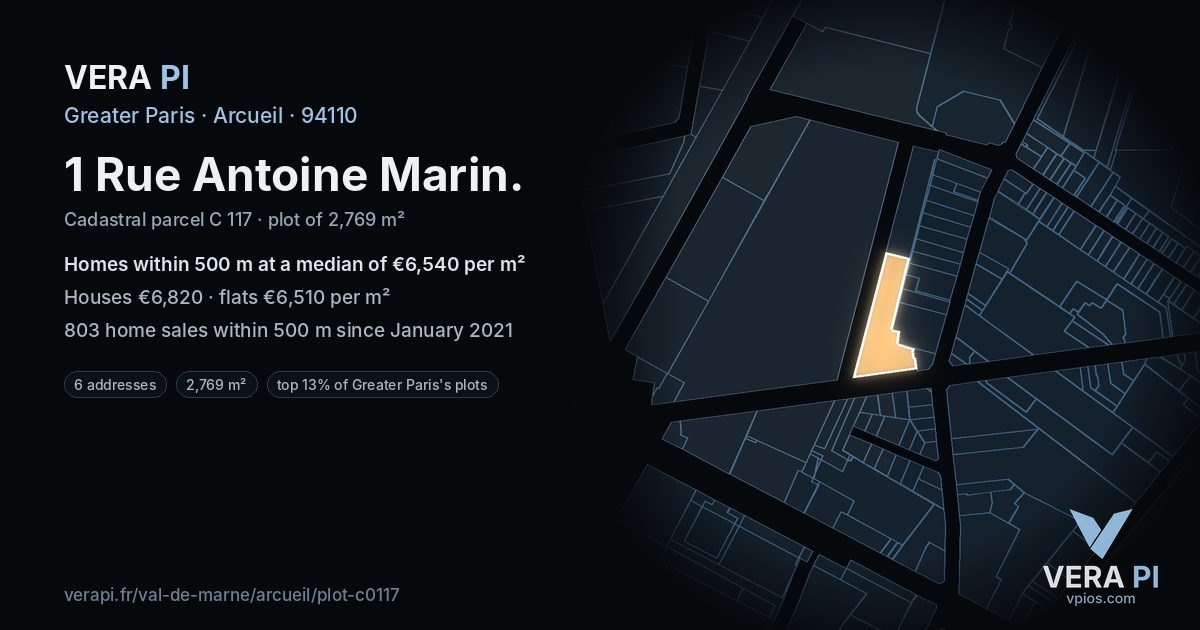1 Rue Antoine Marin, Arcueil at night – the plot lit, the parcels around coloured by the prices near them