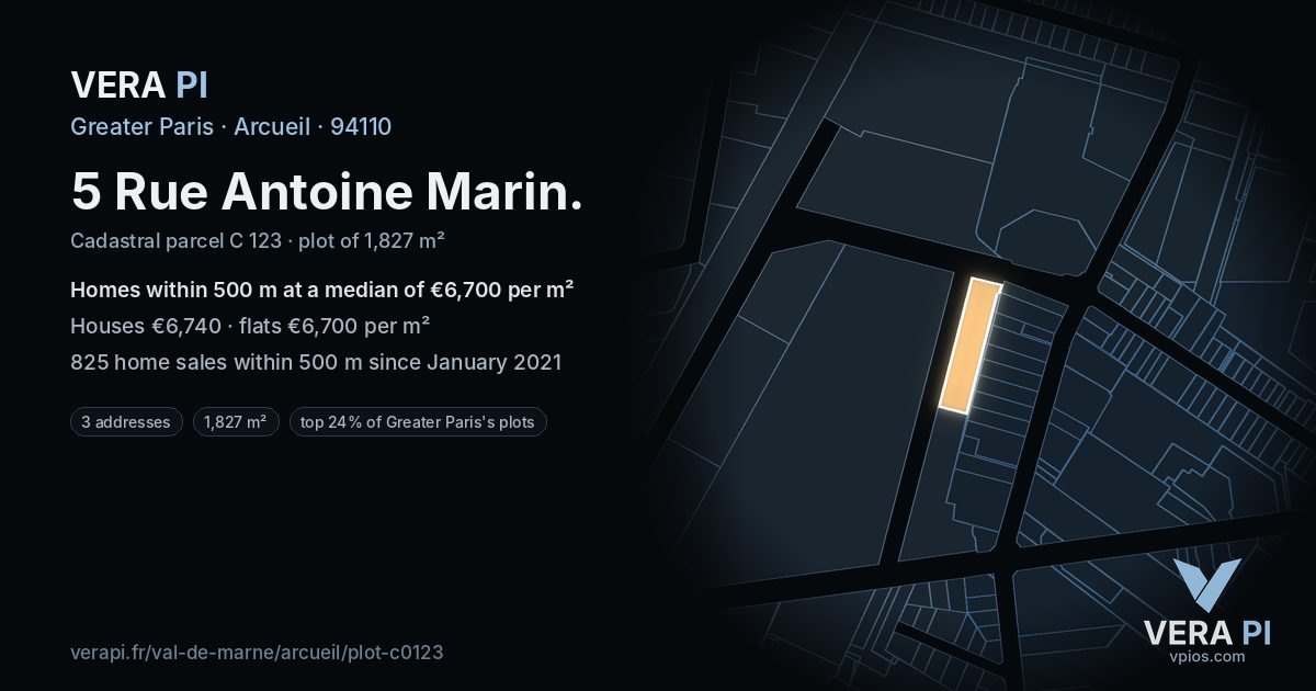 5 Rue Antoine Marin, Arcueil at night – the plot lit, the parcels around coloured by the prices near them