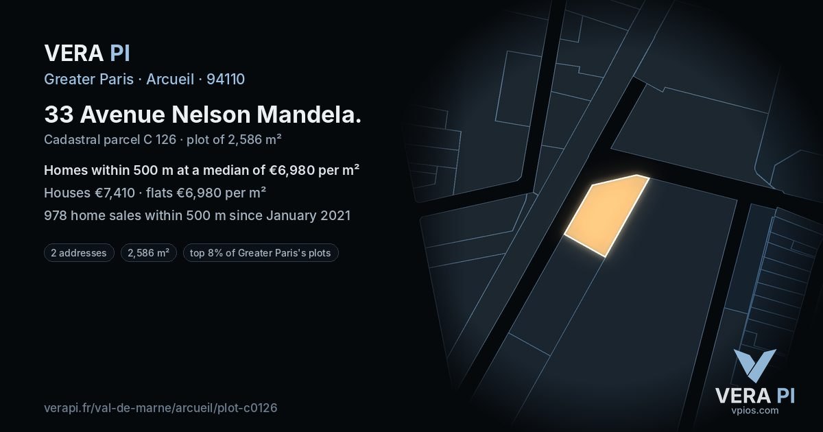 33 Avenue Nelson Mandela, Arcueil at night – the plot lit, the parcels around coloured by the prices near them