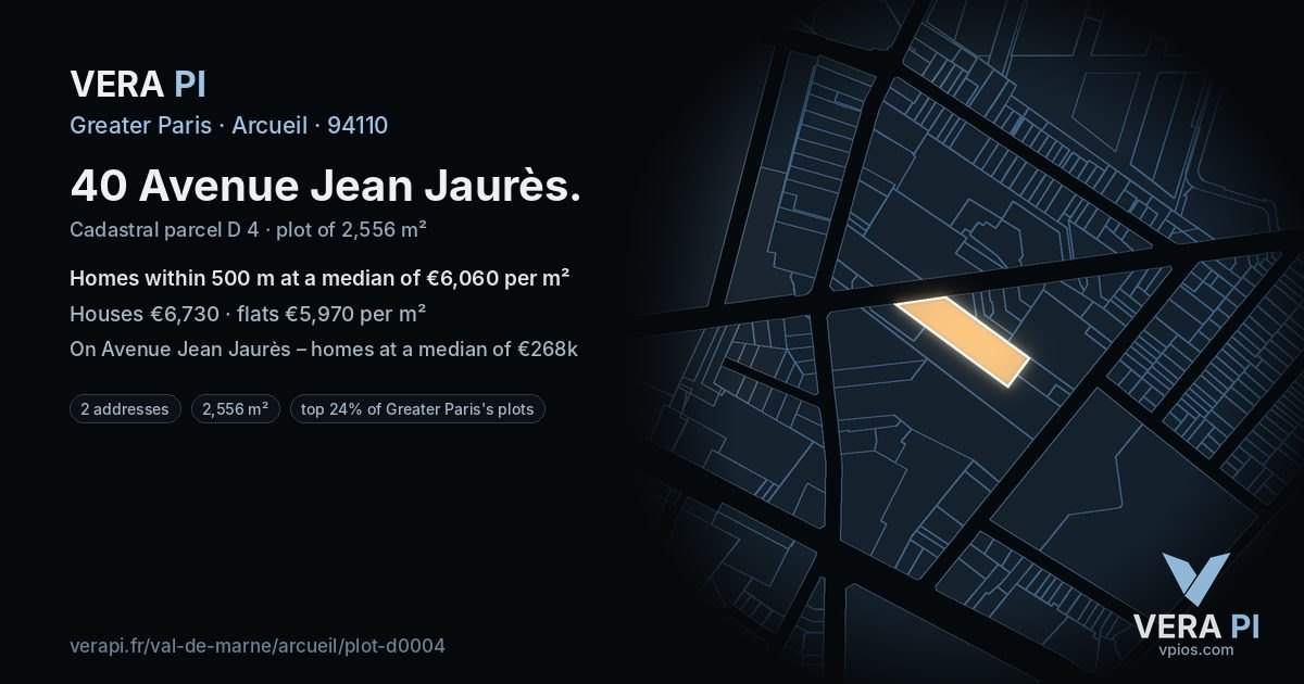 40 Avenue Jean Jaurès, Arcueil at night – the plot lit, the parcels around coloured by the prices near them