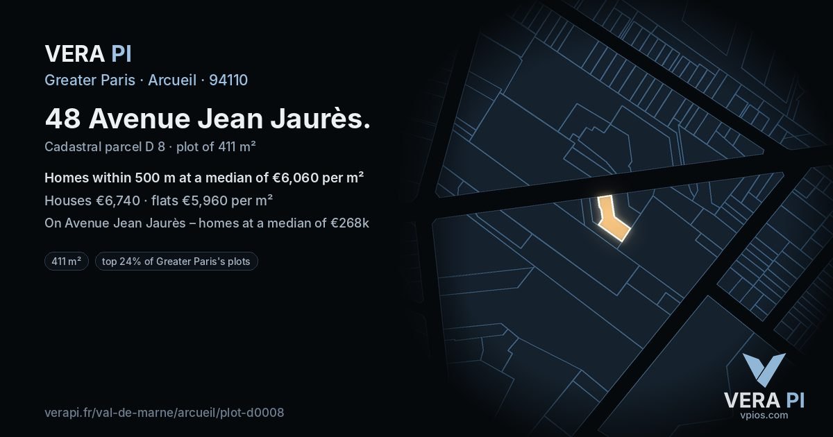 48 Avenue Jean Jaurès, Arcueil at night – the plot lit, the parcels around coloured by the prices near them