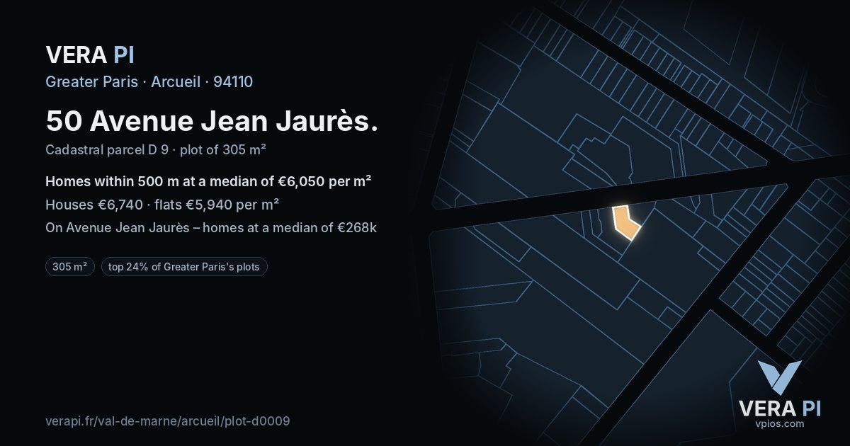 50 Avenue Jean Jaurès, Arcueil at night – the plot lit, the parcels around coloured by the prices near them
