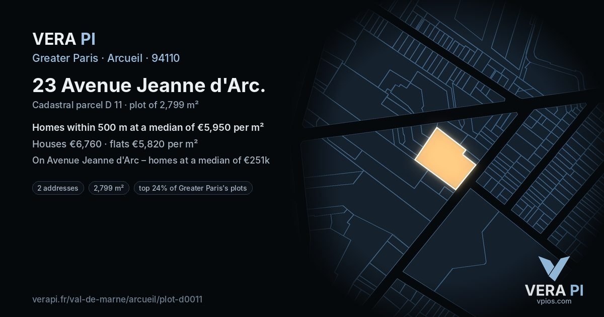 23 Avenue Jeanne d'Arc, Arcueil at night – the plot lit, the parcels around coloured by the prices near them