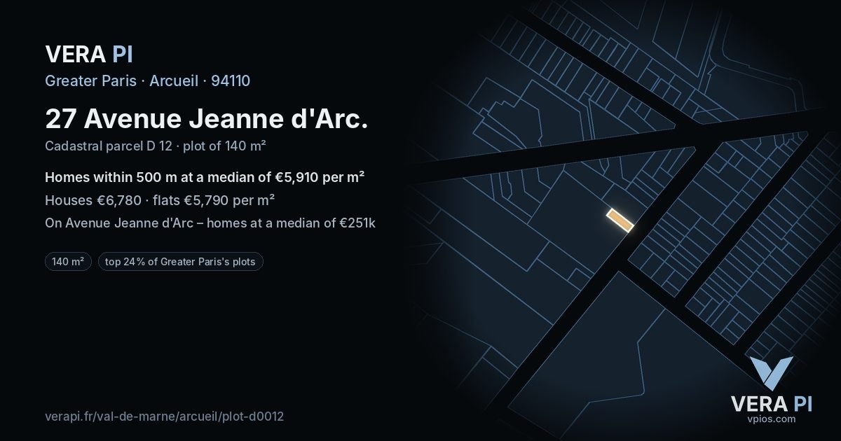 27 Avenue Jeanne d'Arc, Arcueil at night – the plot lit, the parcels around coloured by the prices near them