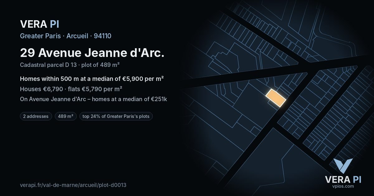 29 Avenue Jeanne d'Arc, Arcueil at night – the plot lit, the parcels around coloured by the prices near them