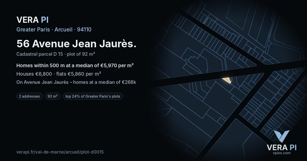 56 Avenue Jean Jaurès, Arcueil at night – the plot lit, the parcels around coloured by the prices near them