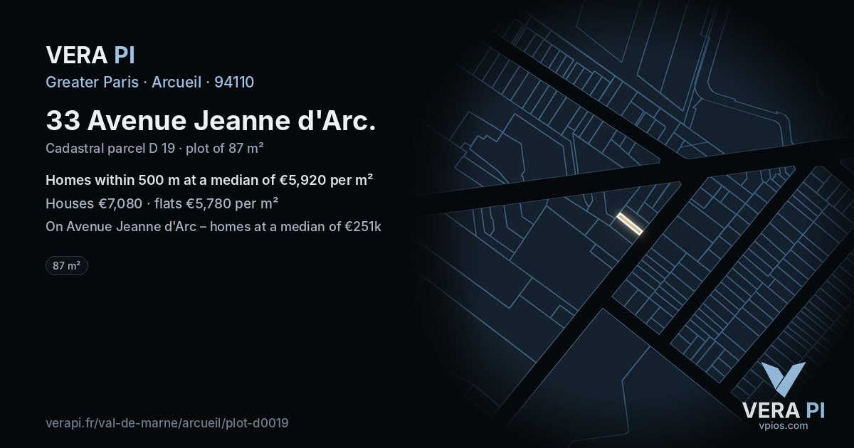 33 Avenue Jeanne d'Arc, Arcueil at night – the plot lit, the parcels around coloured by the prices near them