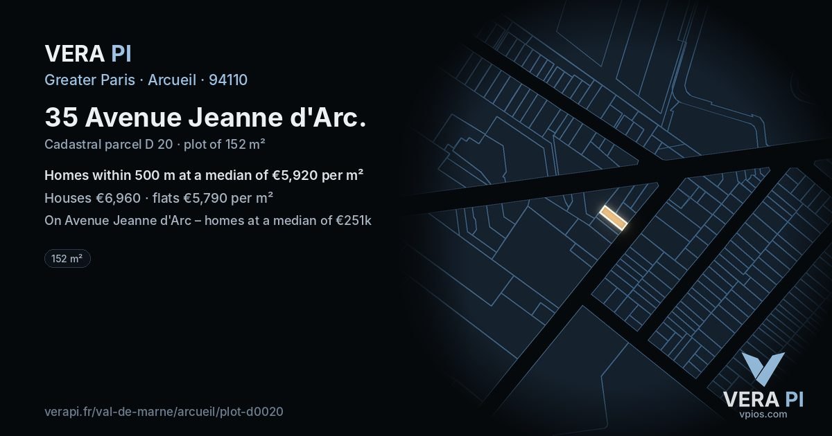 35 Avenue Jeanne d'Arc, Arcueil at night – the plot lit, the parcels around coloured by the prices near them