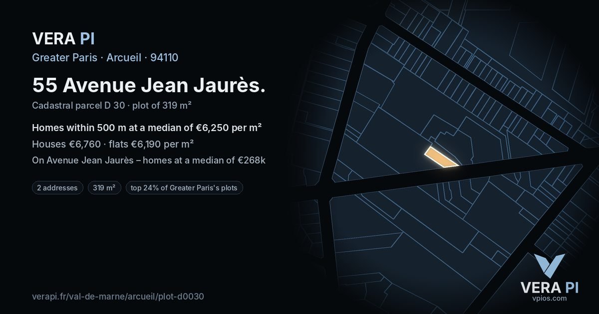 55 Avenue Jean Jaurès, Arcueil at night – the plot lit, the parcels around coloured by the prices near them