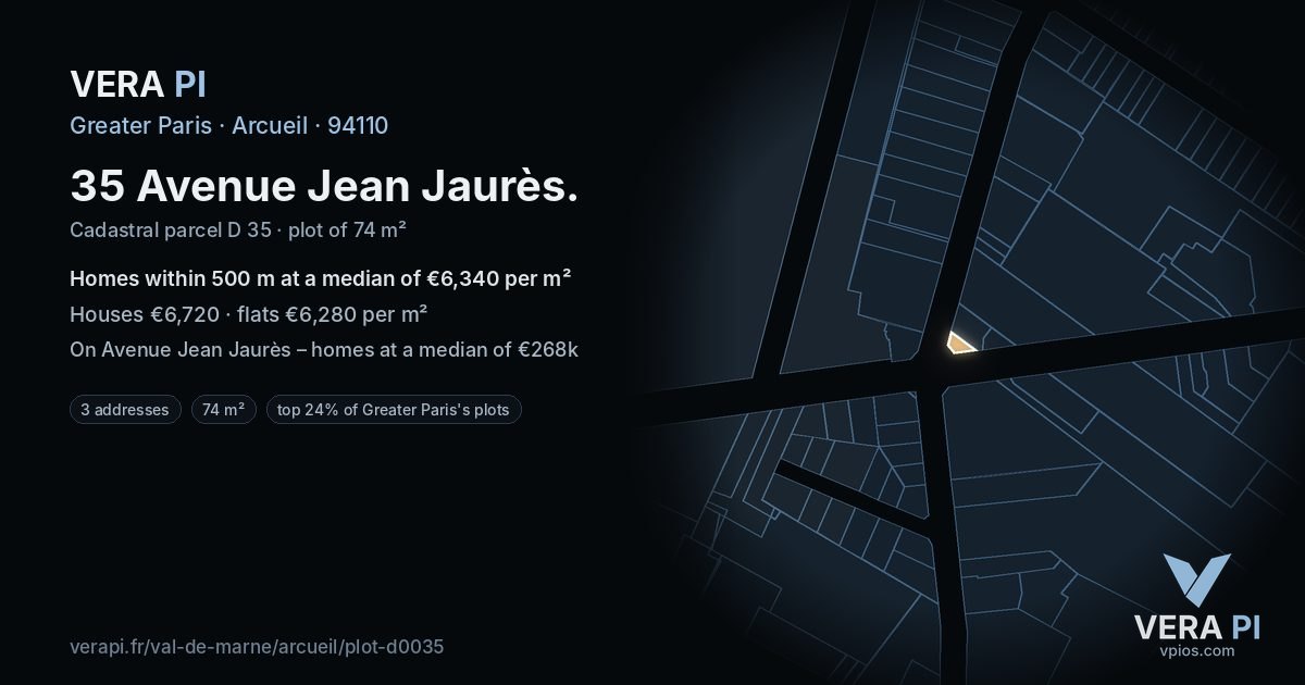 35 Avenue Jean Jaurès, Arcueil at night – the plot lit, the parcels around coloured by the prices near them