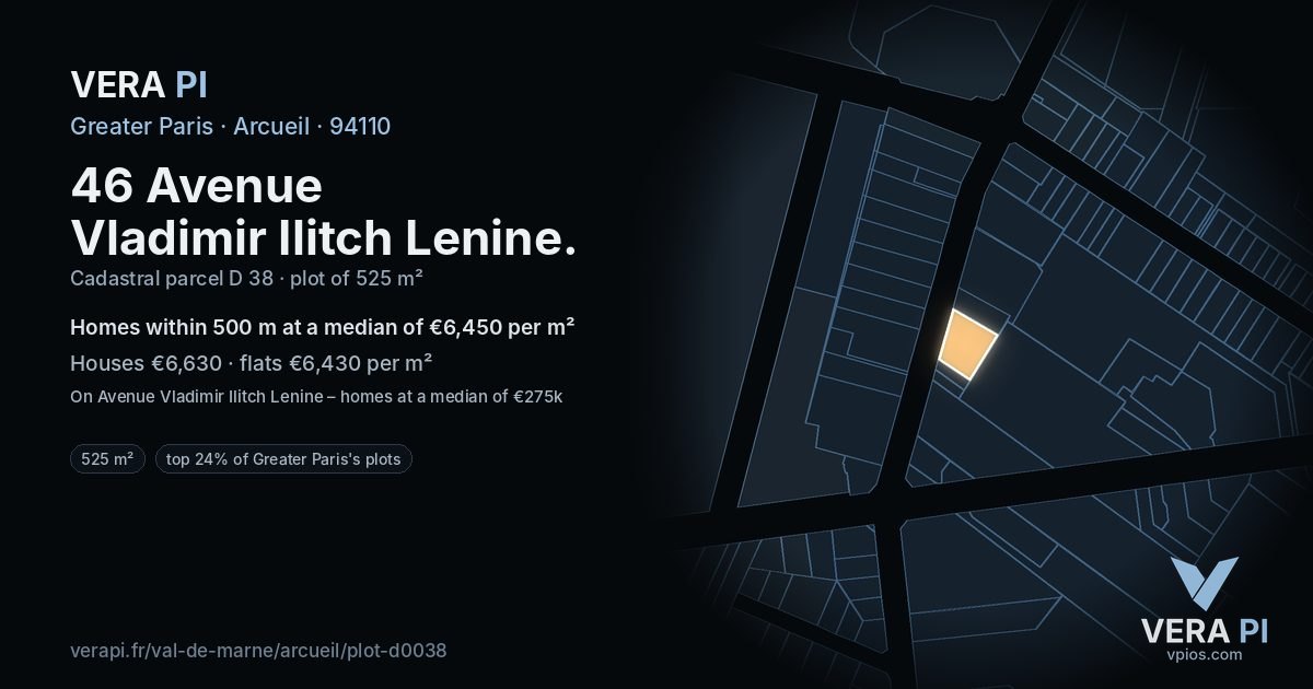 46 Avenue Vladimir Ilitch Lenine, Arcueil at night – the plot lit, the parcels around coloured by the prices near them